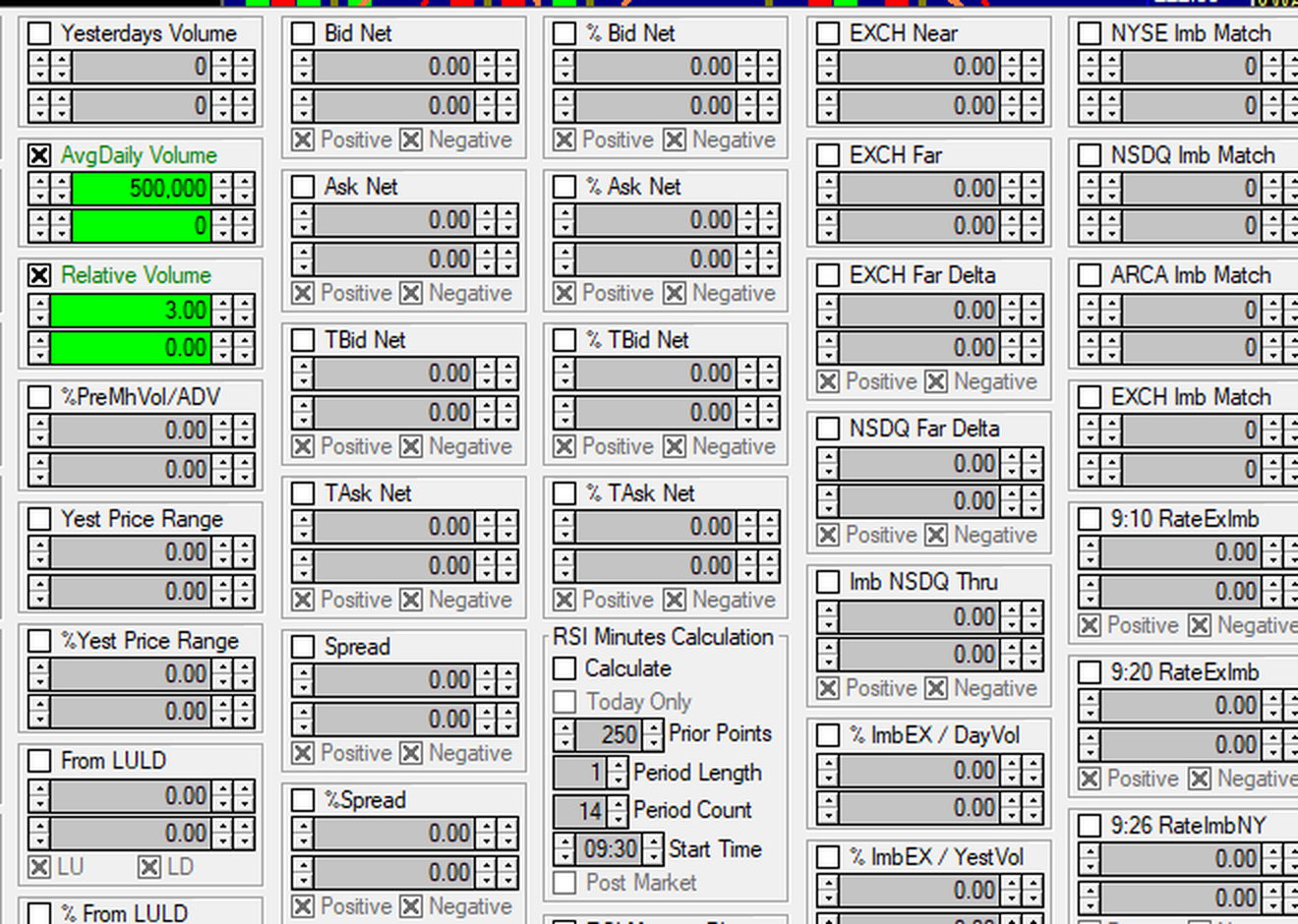 Close detail of Takion's market sorter filter panel showing dozens of numeric filter fields for imbalance, bid net, ask net, spread, VWAP and RSI values