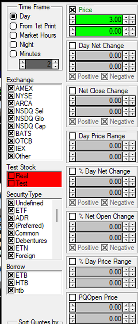 Left column of the Takion filter panel showing Time Frame, Exchange, Test Stock with Real and Test options, Security Type and Borrow groups