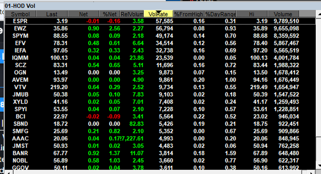 Takion market sorter window titled 01-HOD Vol showing symbols at new highs with columns for Last, Net, %Net, RelVolume, VolRate, %FromHigh, %DayRange, Hi and Volume